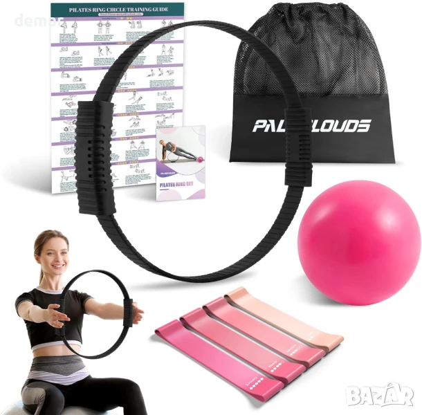 Комплект за пилатес с магически кръг, топка за йога, 4 ластици, тренировъчен плакат и чанта, снимка 1