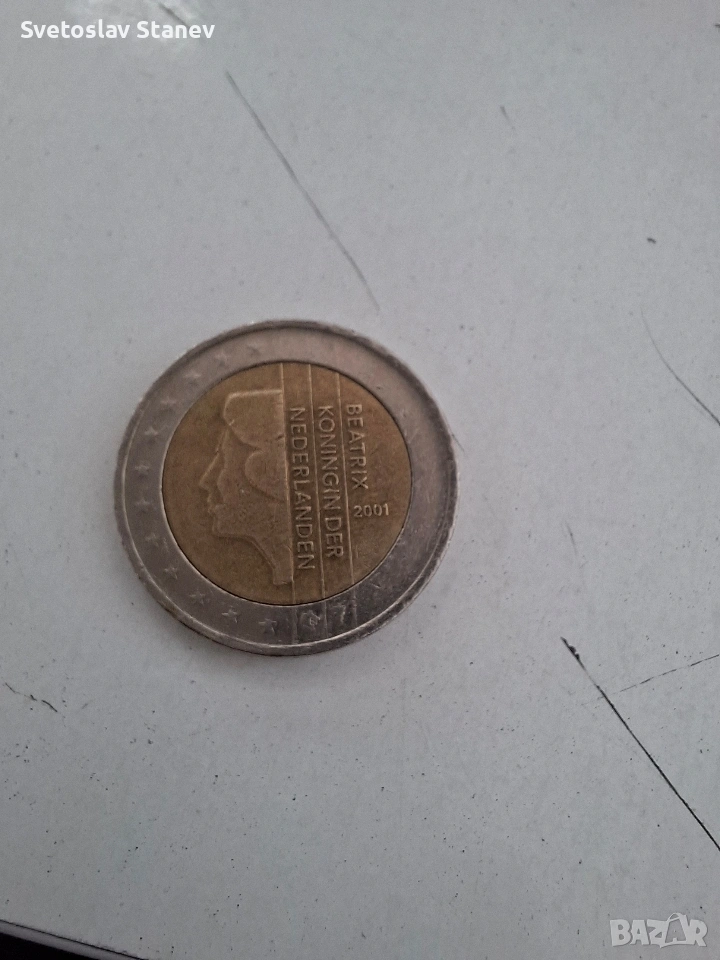Рядка монета 2 евро ,2001 година Нидерландия , снимка 1