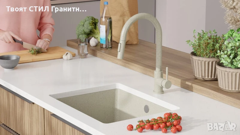 Беж кухненска мивка за вграждане под плот Венеция 60 560x440 мм, снимка 1