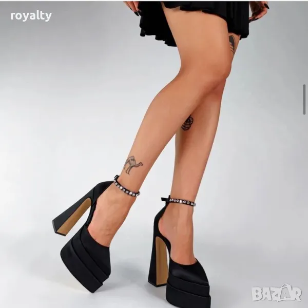 Сандали на ток - черен сатен, снимка 1