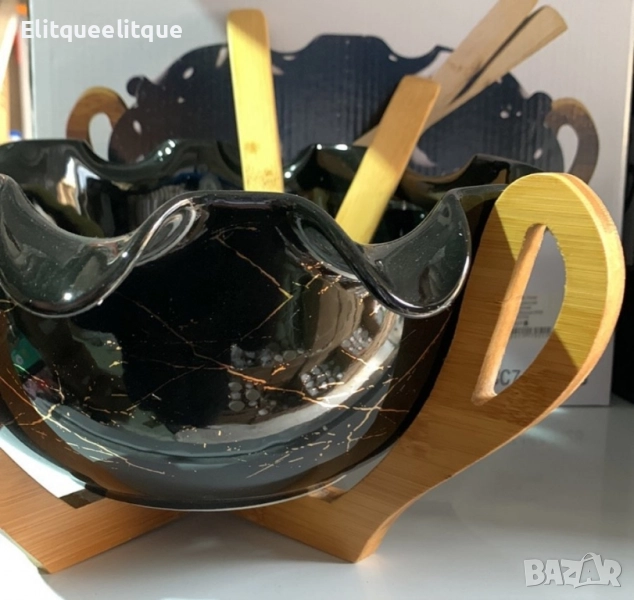 Луксозна дизайнерска купа с дървена стойка и лъжица, снимка 1