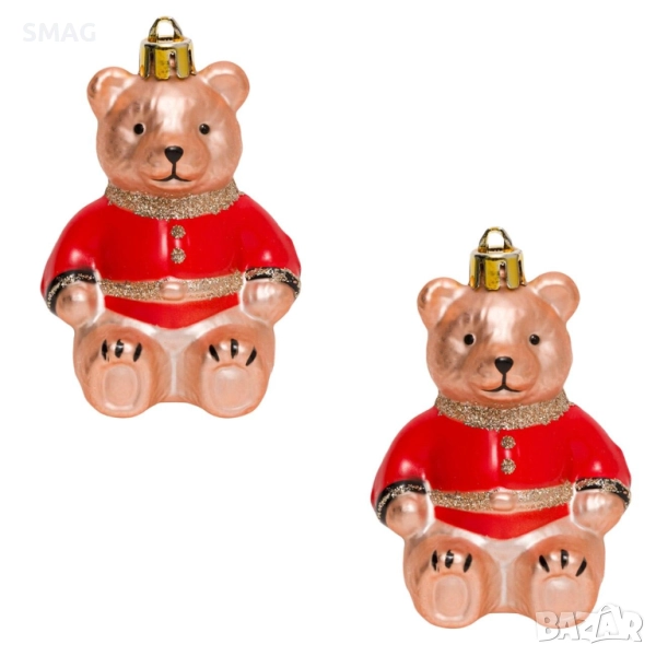 Комплект коледни мечета за елха, червени с брокат, 8.5 см – 2 бр._1198773, снимка 1
