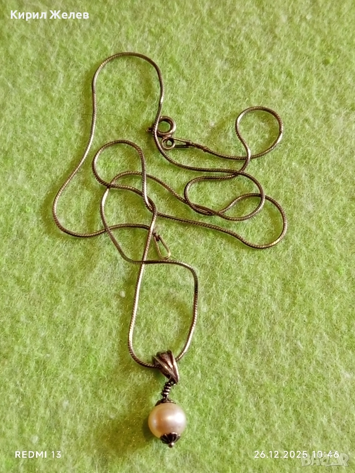 Нежно финно сребърно колие с висулка с инкростирана перла елегантен дизайн 50983, снимка 1