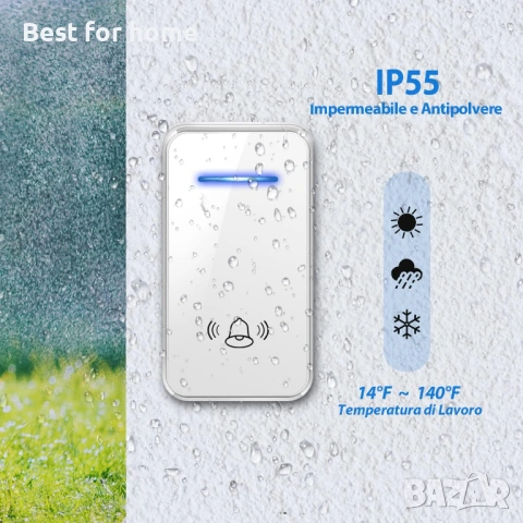 [Не се изисква батерия] Безжичен звънец YINXN Преносим външен безжичен звънец IP55 Водоустойчив, снимка 4 - Друга електроника - 53524495