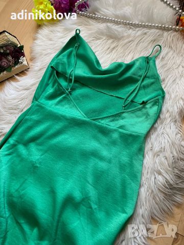 Зелена сатенена рокля с цепка, снимка 3 - Рокли - 45714097