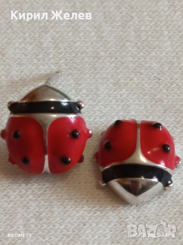 Сребърни обеци във формата на КАЛИНКА 🐞с червен емайл и черни точки 39702, снимка 5 - Обеци - 52719718