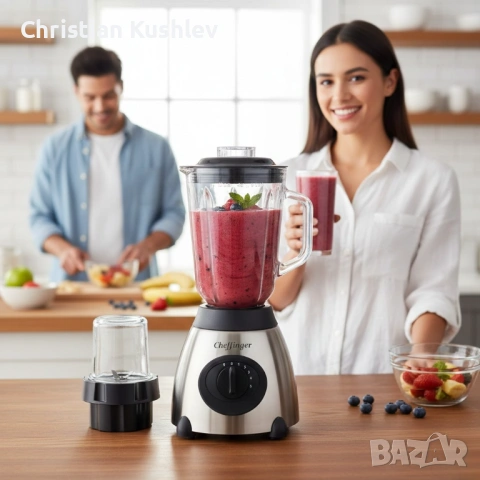 Блендер Cheffinger 1000 W – 1,5 л стъклена кана, мелачка 100 мл, корпус от неръждаема стомана, снимка 3 - Друга електроника - 53211015