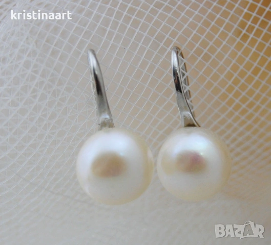 Висящи обеци от естествени бели перли *Хит* 8-9мм, снимка 2 - Обеци - 53885301