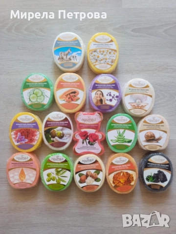 Ароматен ръчноправен турски овален сапун 135 гр. с гъба за баня различни видове