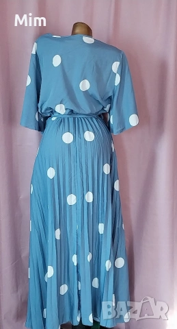 3XL Синя,дълга рокля солей на бели точки, снимка 7 - Рокли - 53741809