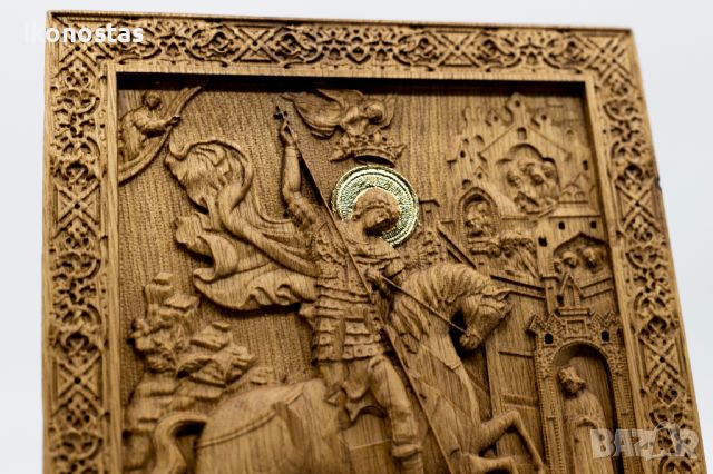 Позлатена релефна икона на Свети Георги Победоносец от масивен дъб - 9 карата, снимка 5 - Икони - 46006441