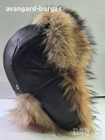 Дамска кожена шапка ушанка, лукс Енот -234, снимка 4 - Шапки - 52215399
