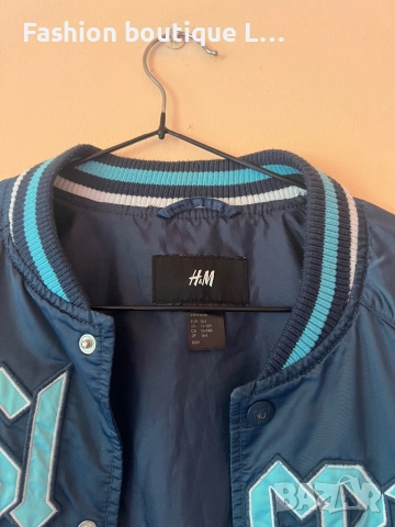 Синьо дамско спортно яке тип бомбър от сатен с подплата на марката H&M размер М с джобове отстрани , снимка 4 - Якета - 51667251