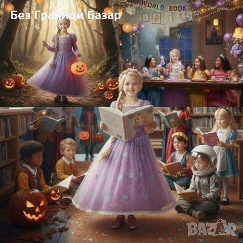 Нов Детски костюм принцеса 4 части рокля плитка диадема пръчица 7,8г, снимка 3 - Други - 53693236