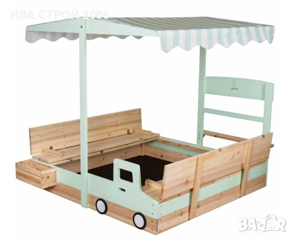 Детски дървен пясъчник 120 см | Въртящ се навес 360° и пейки | PraktiHome, снимка 4 - Игри и пъзели - 54237500