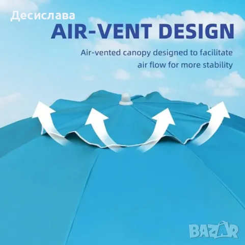 Кръгъл плажен чадър 2.40 м с чупещо се рамо, UV защита и прозорче за вятър, снимка 3 - Други стоки за дома - 50031421