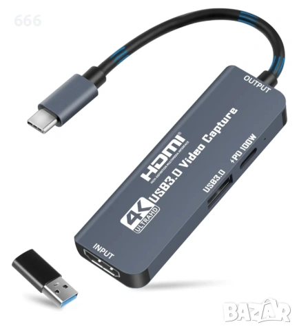 Flintronic USB 3.0 видео карта за заснемане със 100W PD, HDMI към USB-C 4K 1080P 60FPS