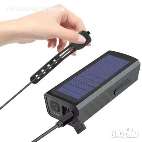 Соларен фар за велосипед с 3*T6 диода, сирена 120dB, 3000Lm, снимка 3 - Части за велосипеди - 50652060