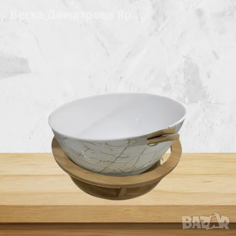 Керамична купа с дървена стойка и мраморен ефект, снимка 2 - Други стоки за дома - 49860042