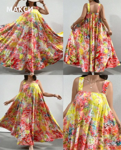 Макси дълга ефирна силно клоширана рокля с еластична гръдна обиколка /гръб/+ презрамки в красив мног