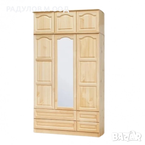 Трикрилен гардероб масив чам с надстройка и 4 чекмеджета / 33005
