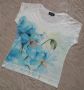 УНИКАЛНО КРАСИВА блуза с принт сини цветя и пъстри камъчета върху тях и с дантела с прозрачни пайети