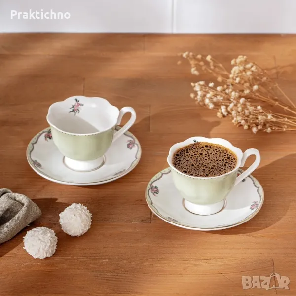 Комплект 2 чаши за кафе с чинийки, Ретро/Романтика, ПОРЦЕЛАН, 90 мл ☕️🎁🥰, снимка 1