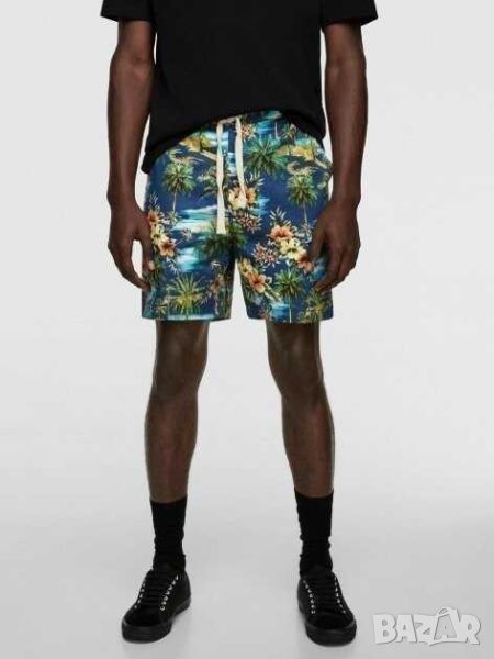 Мъжки плажни шорти с флорална апликация Zara, 97% памук, 3% еластан, L, снимка 1