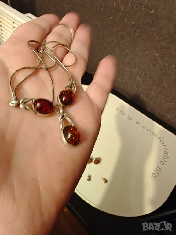 Ретро френско колие сребро с естествен кехлибар , снимка 1