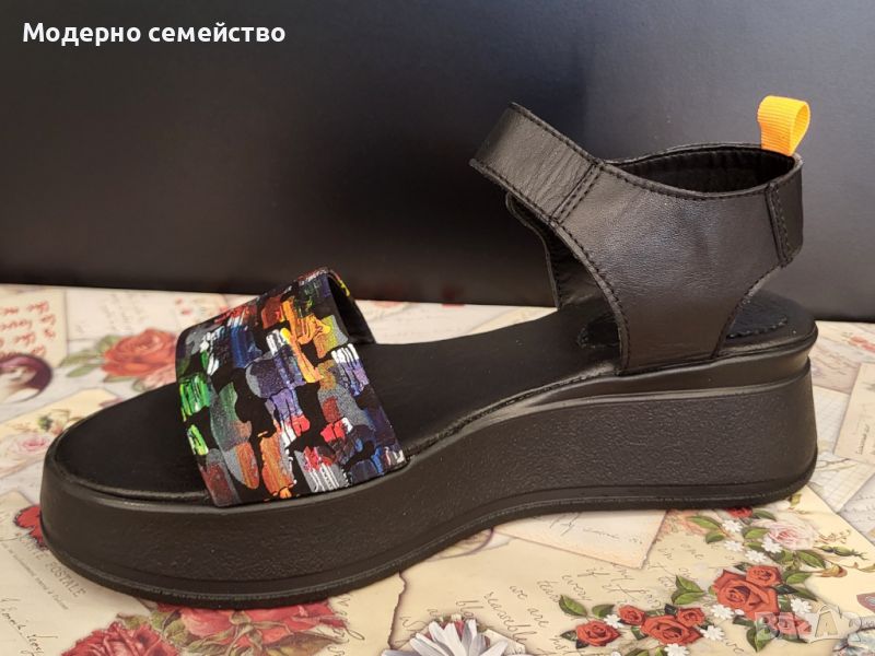 Дамски сандали в черно с цветна лента -естествена кожа , снимка 1