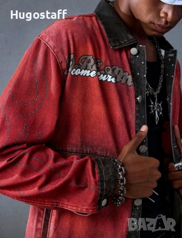Ново мъжко дънково яке риза червено надписи деним памук ХЛ, снимка 5 - Якета - 52476329