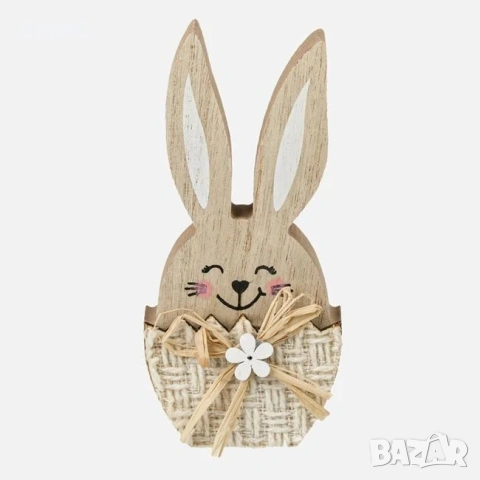 Великденска дървена декорация – зайче в яйце с бяла маргаритка, 7x2x15 см._1233624, снимка 2 - Декорация за дома - 54224635