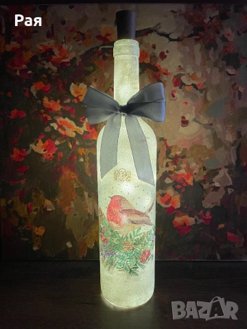 Коледна декупаж бутилка с LED, снимка 5 - Декорация за дома - 52818679
