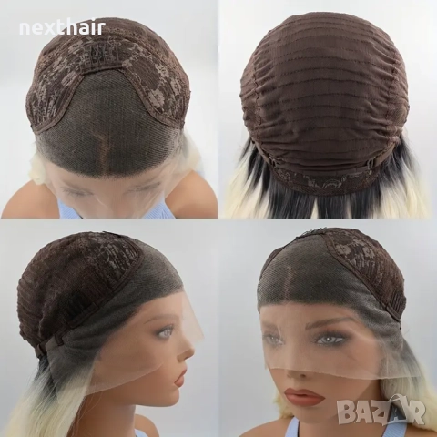 Елегантна светло руса омбре дантелена перука с черни корени на път, снимка 4 - Аксесоари за коса - 51542284