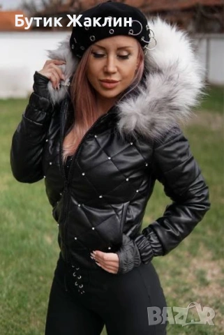 Дамско кожено яке с пухена качулка 