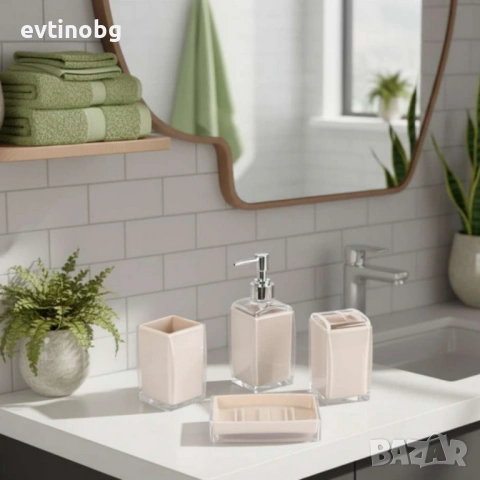 Комплект аксесоари за баня Cheffinger – 4 части, дозатор за сапун, чаша за четки и сапунерка, снимка 2 - Други стоки за дома - 53864443