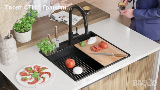 Графит кухненска мивка от гранит Ню Йорк 60 Multispace 580 x 530 мм, снимка 3 - Мивки - 50779684