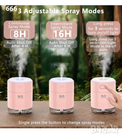 Мини овлажнител за въздух SZO с LED светлина, функция за автоматично изключване и два режима на , снимка 6 - Друга електроника - 54088862