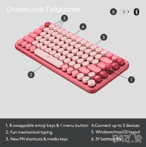 Клавиатура и Мишка Logitech Pop Keys Heartbreaker, снимка 3 - Клавиатури и мишки - 54010393