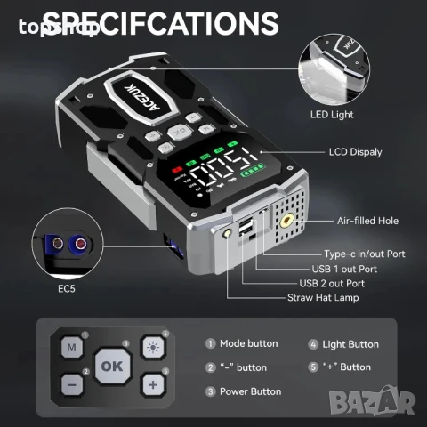 НОВА ACEZUK Стартерна батерия с пикова мощност 26800 mAh 6000 A, компресор 150 PSI, 4-в-1 с дисплей, снимка 2 - Аксесоари и консумативи - 50553831