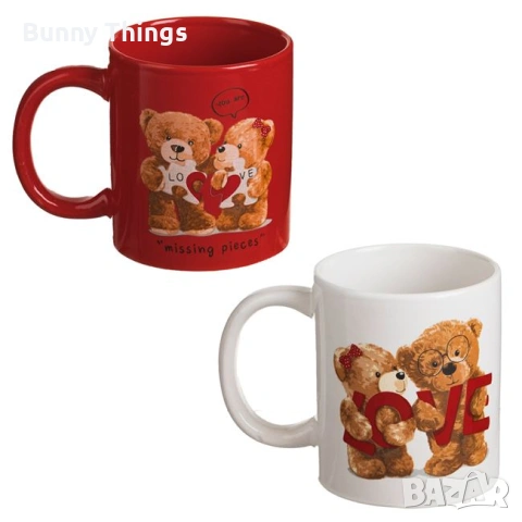 Комплект прави керамични чаши червена и бяла с мечета „Love“ – 330ml, снимка 3 - Чаши - 53410322