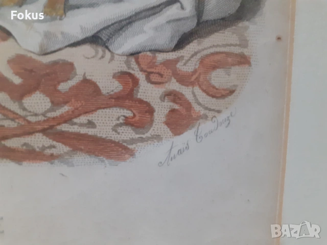 Стара цветна френска антикварна гравюра в рамка подписана, снимка 3 - Антикварни и старинни предмети - 53347110