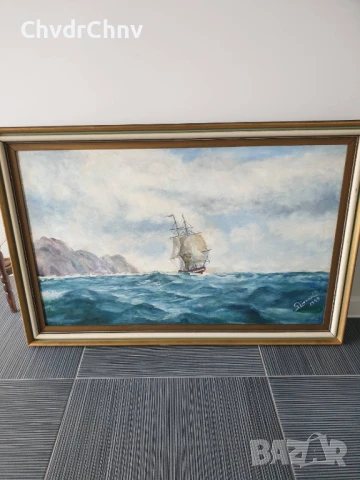 Lindahl 110х74см/стара голяма картина масло върху фазер/морски пейзаж/кораб/1943г/дървена рамка