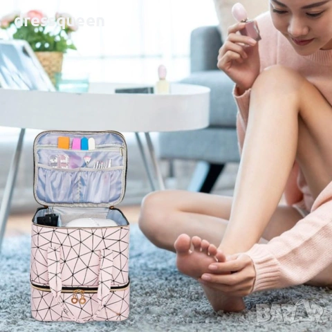 4651 Професионален розов куфар за лакове и инструменти – Компактен органайзер на две нива, снимка 4 - Продукти за маникюр - 53654843