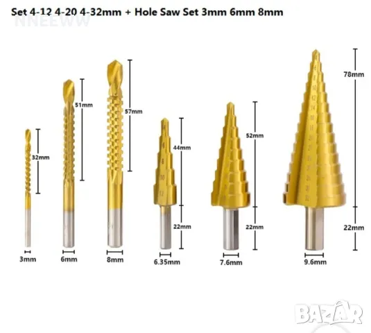 Боркорони стъпкови свредла 6в1 за конусни дупки  и автоматичен център , снимка 3 - Други инструменти - 47184629
