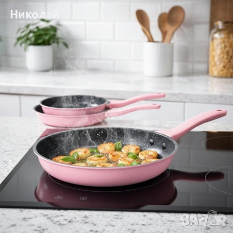 Комплект тигани Cheffinger розово с мраморно покритие – 3 части за всяка кухня - розов цвят, снимка 2 - Съдове за готвене - 53116683