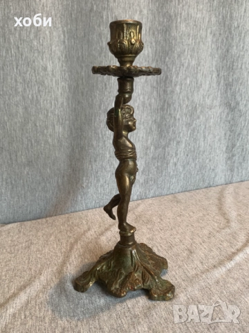  месингов свещник  държач за свещ с ангел, снимка 3 - Антикварни и старинни предмети - 52976138