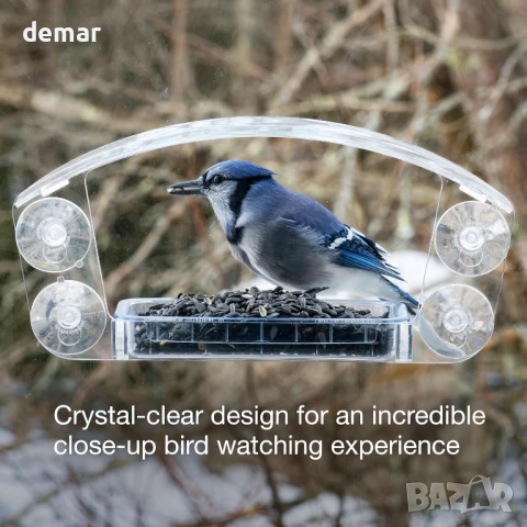 Прозрачна акрилна къщичка за птици с плъзгаща се тава - хранилка за прозорец Jacobi Jayne® Sky Deck™, снимка 3 - За птици - 50459267