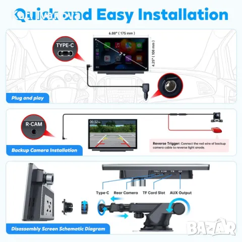 Westods Wireless Apple Carplay & Android Auto с 2.5K Dash Cam, 1080P резервна камера, преносим 7" HD, снимка 6 - Други - 47665503