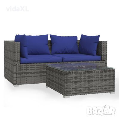 vidaXL Градински лаундж комплект с възглавници 3 части сив полиратан（SKU:317565, снимка 1 - Градински мебели, декорация  - 45267551